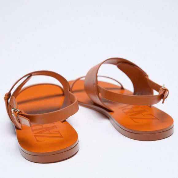 ZARA 100% LEATHER ORANGE KNOTTED FLAT LEATHER SANDALS - Picture 4 of 9